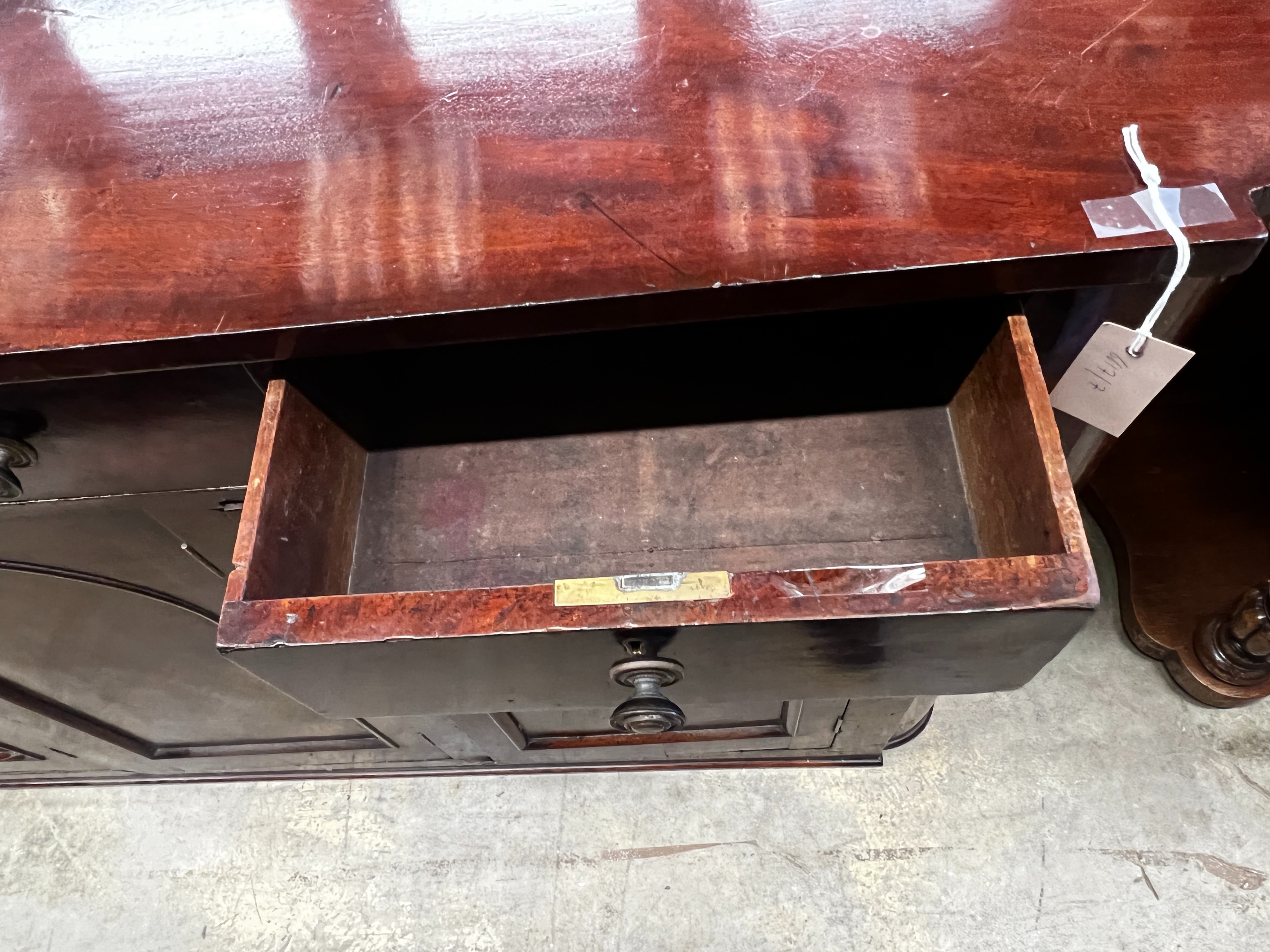 A Victorian mahogany side cabinet, width 170cm, depth 35cm, height 92cm